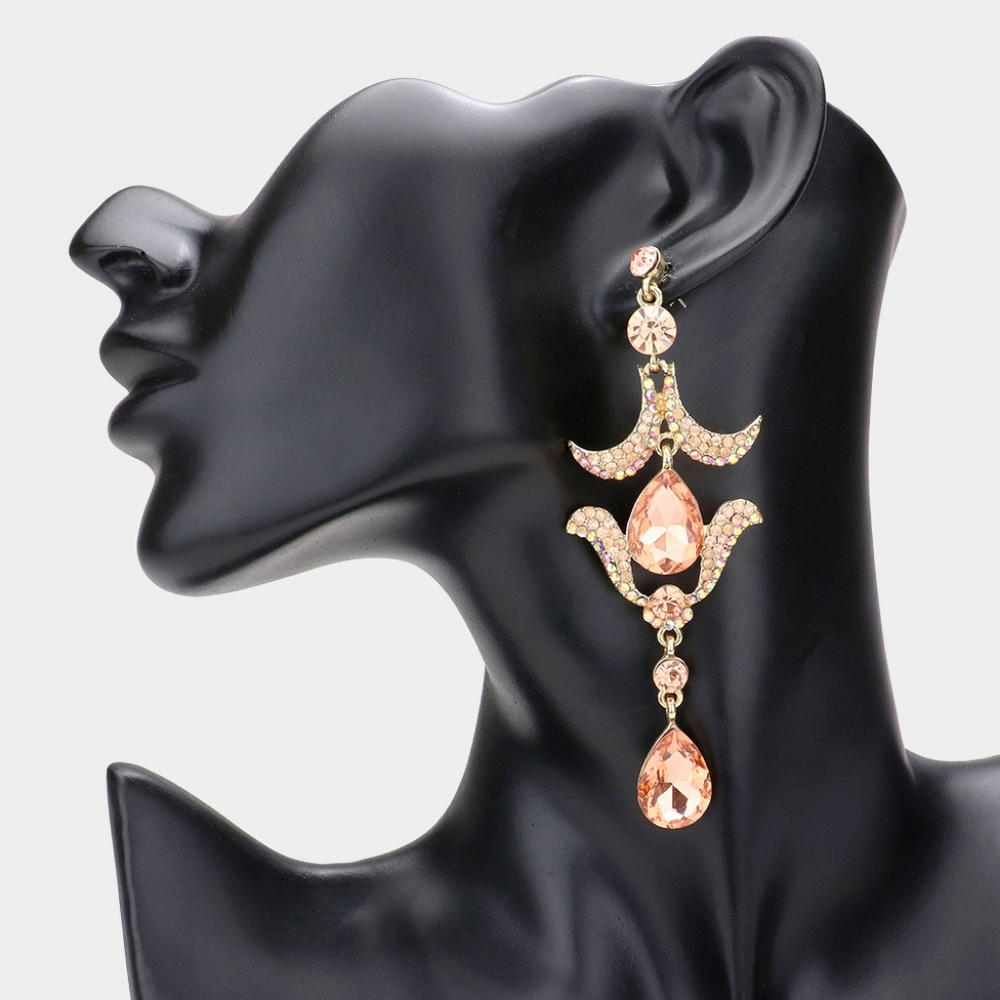 Peach Rhinestone Crystal Regal Temple Droplet Dangle Earrings 4" Drop Evening
